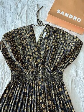 Sandro Black Floral Metallic-Print V-Neck Midi Dress